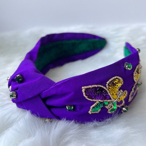 Fleur-de-lis Beaded Knotted Headband NOLA Carnival Style - Picture 5 of 5